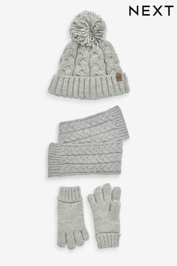 Grey Knitted Patch Hat, Gloves and Scarf 3 Piece Set (3-16yrs) (347853) | £17 - £20
