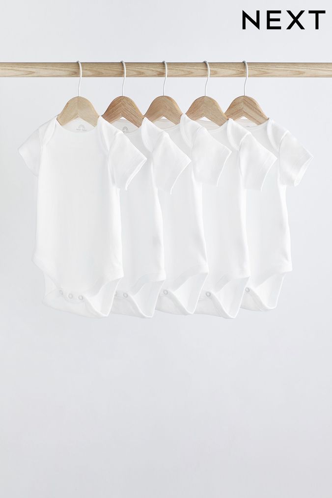 White 5 Pack Essential Baby Short Sleeve Bodysuits (348384) | £9 - £11