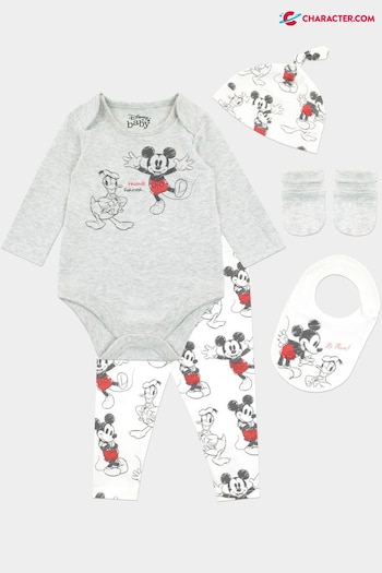 Character White Baby Mickey Mouse Sleepsuit Bodysuit Hat And Bib 4 Piece Set (348534) | £28