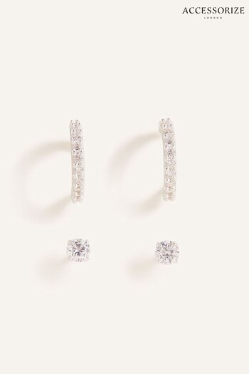 Accessorize Sterling Silver Sparkle White Hoops Earrings Set 2 (348577) | £17