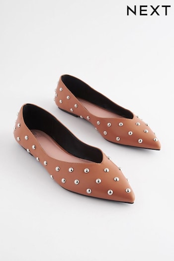 Camel Brown Forever Comfort® Studded Point Toe Flat Shoes POLO (348761) | £38
