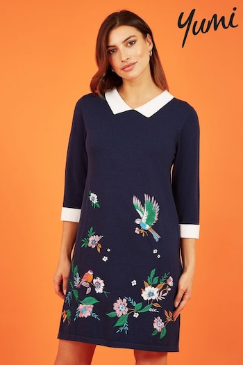 Yumi Blue Bird and Floral Embroidered Knitted Peter Pan Dress (349040) | £55