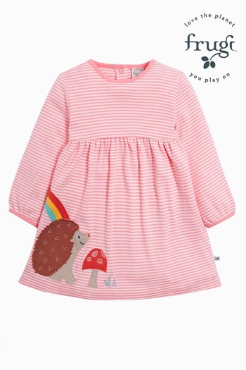 Frugi Pink Stripe Organic Cotton Hedgehog Applique Long Sleeve Dress (349072) | £32 - £34