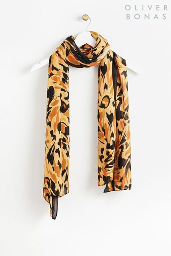 Oliver Bonas Orange Amber Feathered Animal Print Lightweight Scarf (349559) | £29.50