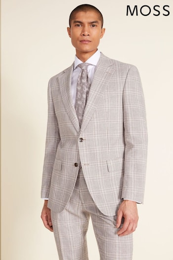 MOSS Natural Tailored Fit Taupe Check Linen Jacket (350884) | £169