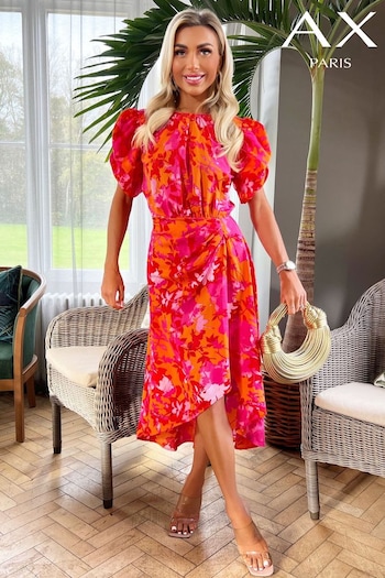 AX Paris Orange Floral Printed Short Puff Sleeve Gathered Side Midi Dress (351553) | £50