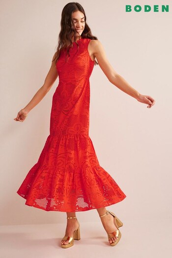 Boden Red Broderie Tiered Maxi Dress (352163) | £250