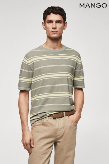 Mango Green Striped Textured 100% Cotton T-Shirt (352289) | £30