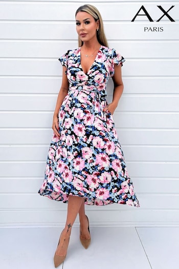 AX Paris Pink Floral Print Short Sleeve Belted Wrap Midi Dress (352381) | £50