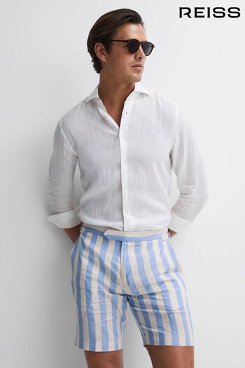 Reiss Blue Multi Fresno Linen Adjustable Striped Shorts (352588) | £78