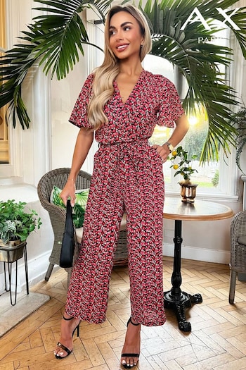 AX Paris Red Multi Floral Printed Butterfly Sleeve Belted Jumpsuit (353038) | £50