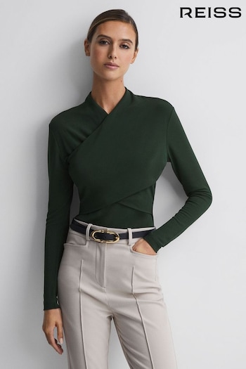 Reiss Green Ellie Fitted Long Sleeve Wrap Top (353645) | £128