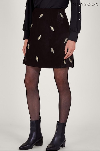 Monsoon Faye Embellished Velvet Black Skirt (353732) | £65