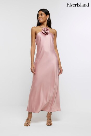 River Island Pink Halter Corsage Midi Lens-embellished Dress (353897) | £55