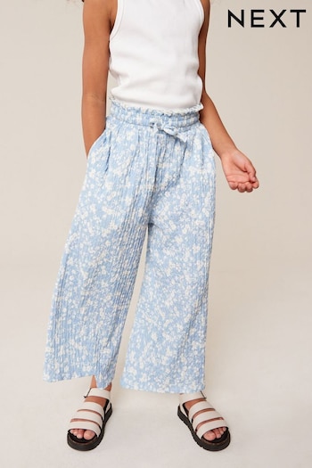 Blue/ White Floral Print Crinkle Texture Jersey Wide Leg leggings Trousers (3-16yrs) (355125) | £8 - £13