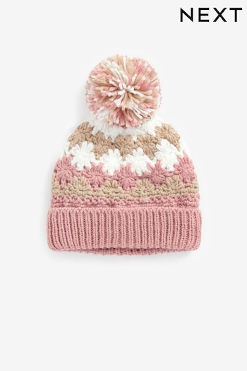 Neutral/Blush Pink Crochet Pom Beanie Hat (3mths-10yrs) (355469) | £9 - £11