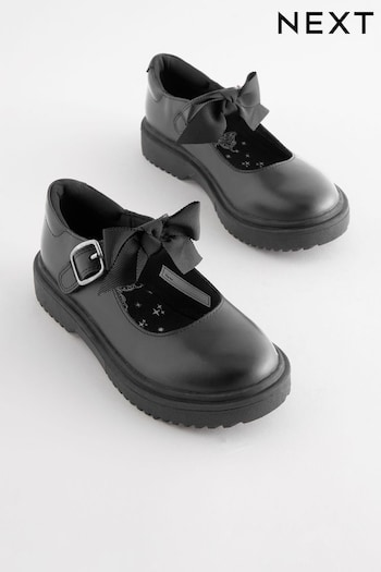 Matt Black Wide Fit (G) Leather Bow Chunky Mary Jane School Shoes (357701) | £35 - £42