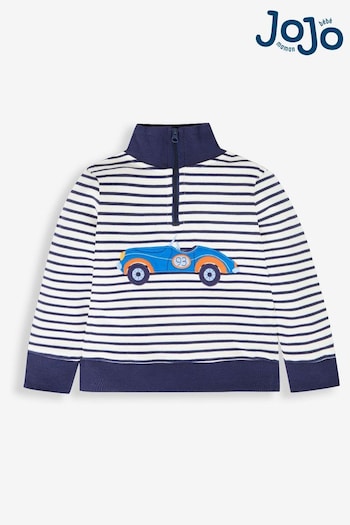JoJo Maman Bébé Ecru Navy Stripe Car Boys' Car Appliqué Half Zip Sweatshirt (357914) | £12