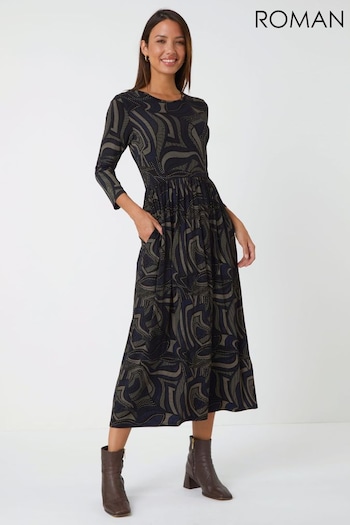 Roman Black Abstract Pocket Stretch Midi Dress (357999) | £38