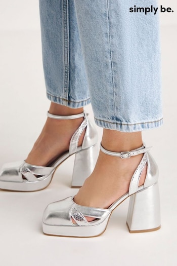 Simply Be Silver Platform Heeled Shoes in Extra Wide Fit (358163) | £40