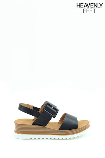 Heavenly Feet Ladies Black Low Wedge Comfort Sandals (361953) | £35