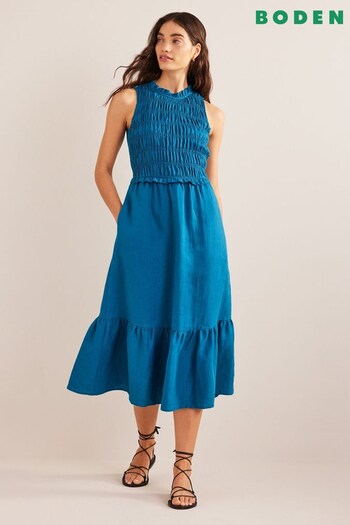 Boden Blue Smocked Linen Midi Dress (362770) | £60