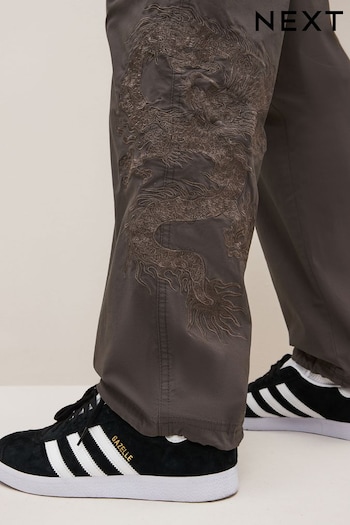 Charcoal Grey Dragon Embroidered Parachute Trousers (363703) | £40