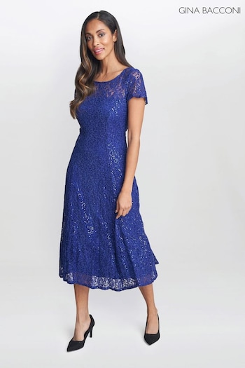 Gina Bacconi Blue Demi Cap Sleeve Midi Length Sequin Lace Dress (364247) | £250