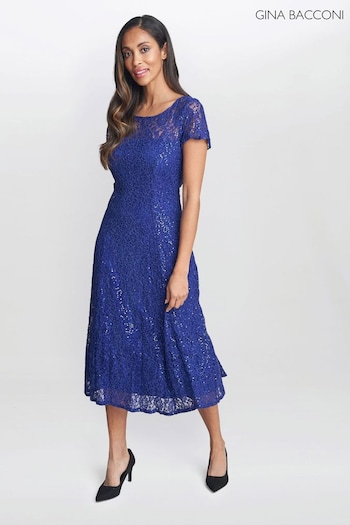 Gina orchidea Bacconi Blue Demi Cap Sleeve Midi Length Sequin Lace Dress (364247) | £250