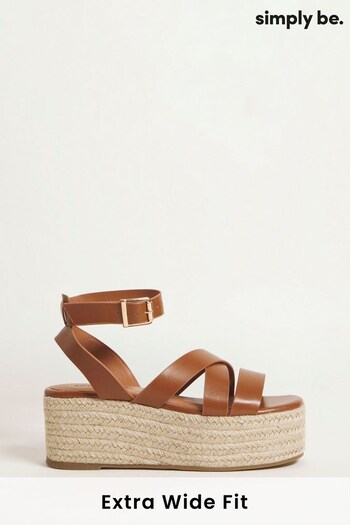 Simply Be Extra Wide Fit Brown Espadrille Flatform Wedges with Crossover Upper Straps (364307) | £32