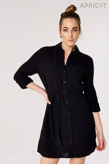 Apricot Black 2 Pocket Self Tie Shirt Dress (364544) | £30