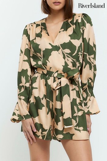 River Island Green Tuck Sleeve Belted Playsuit (364594) | £52