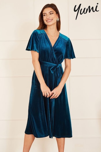 Yumi Blue Wrap Over Midi Dress With Angel Sleeves and Split Hem (365417) | £55