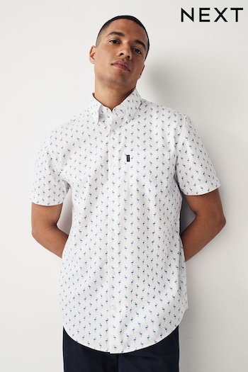 Navy Blue/Pink Flamingo Regular Fit Short Sleeve Easy Iron Button Down Oxford Shirt (365746) | £20