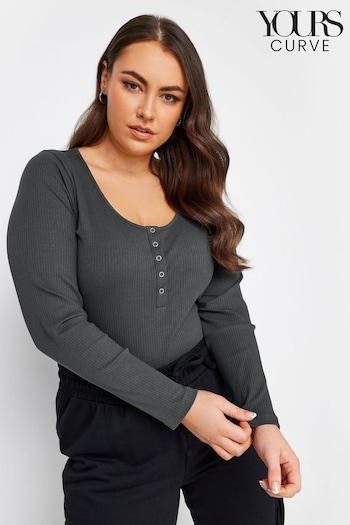 Yours Curve Grey Popper Ribbed Long Sleeve Top (366233) | £19