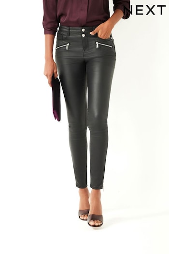 Black Coated Biker Skinny Jeans Twist-Front (366750) | £34