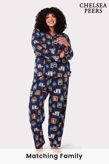Chelsea Peers Blue Curve Organic Cotton Festive Frames Print Long Pyjama Set (366975) | £55