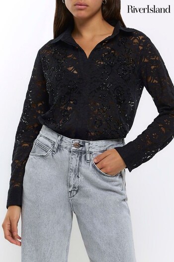 River Island Black Slim Lace Beaded Shirt (367598) | £45