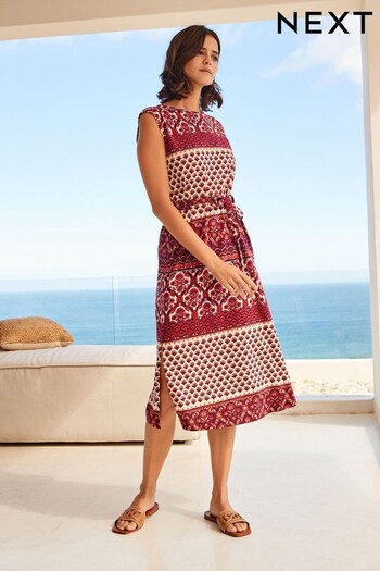 Burgundy Red Woodblock Short Sleeve 100% Cotton Belted T-Shirt Midi Summer Dress (368553) | £14