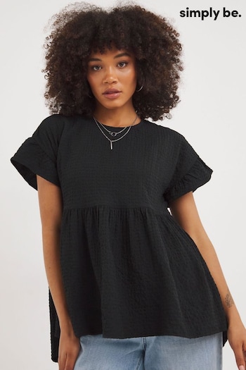 Simply Be Black Short Frill Sleeve Textured Smock Top (368830) | £24