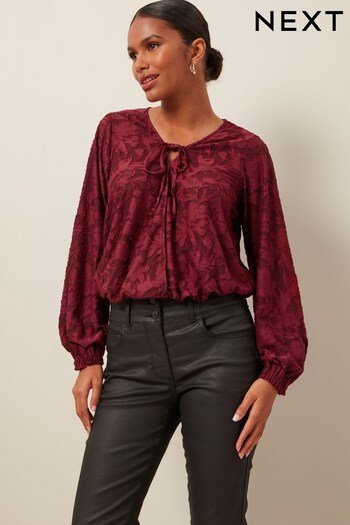 Berry Red Jacquard Long Sleeve Wrap Blouse (369084) | £32