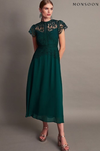 Monsoon Green Monica Lace Midi Dress (369505) | £135