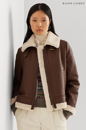 Lauren Ralph Lauren Tan Brown Faux Shearling Trim Faux Leather Jacket (369667) | £349