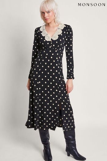 Monsoon Sally Spot Collar Black Dress (369992) | £85