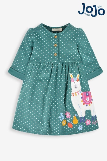 JoJo Maman Bébé Green Llama Girls' Appliqué Button Front Dress (370002) | £22