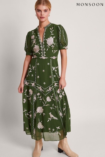 Monsoon Green Grace Embroidered Dress (370171) | £150