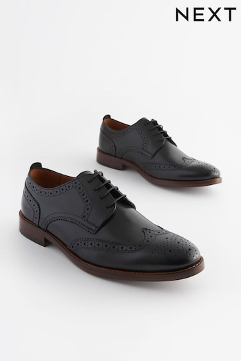 Black Wide Fit Leather Contrast Sole Brogue Shoes (370754) | £62
