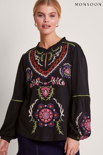 Monsoon Xoey Embroidered Black Blouse (370843) | £55