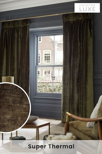 Olive Green Collection Luxe Heavyweight Super Thermal Plush Velvet Pencil Pleat Curtains (370983) | £130 - £250