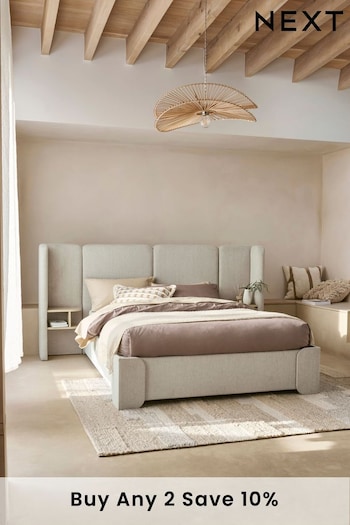 Contemporary Blend Light Natural Wynn Upholstered Ottoman Storage Hotel Bed Frame With Bedside Tables and Lights (371008) | £999 - £1,199